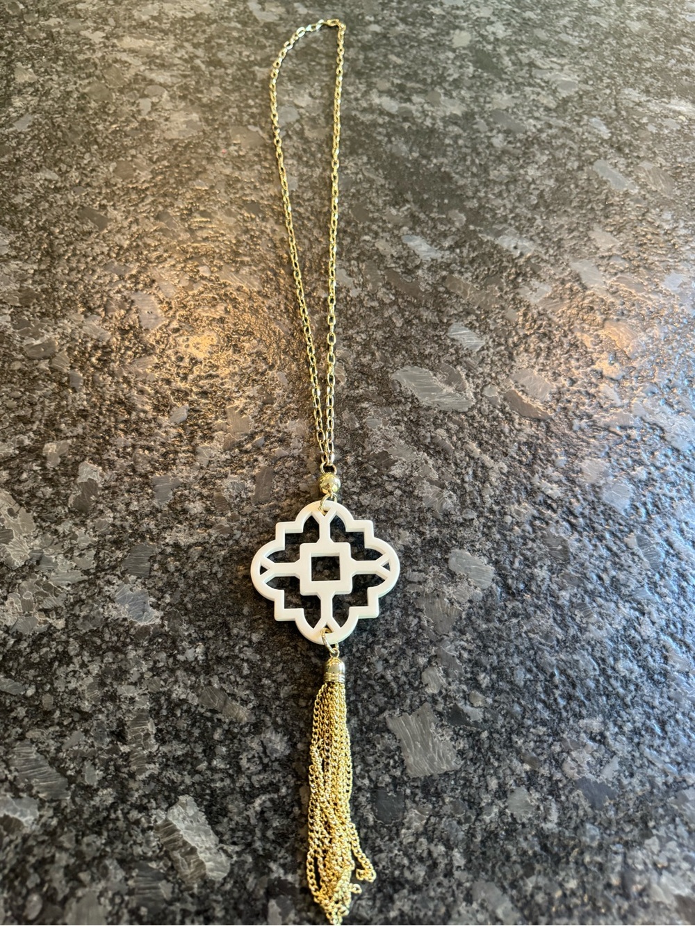 Gold Chain Necklace with White Geometric Pendant and Tassel